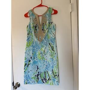 Lilly Pulitzer Shift Dress Sz 4 Blue Green Gold Trim Sleeveless Cotton Tropical